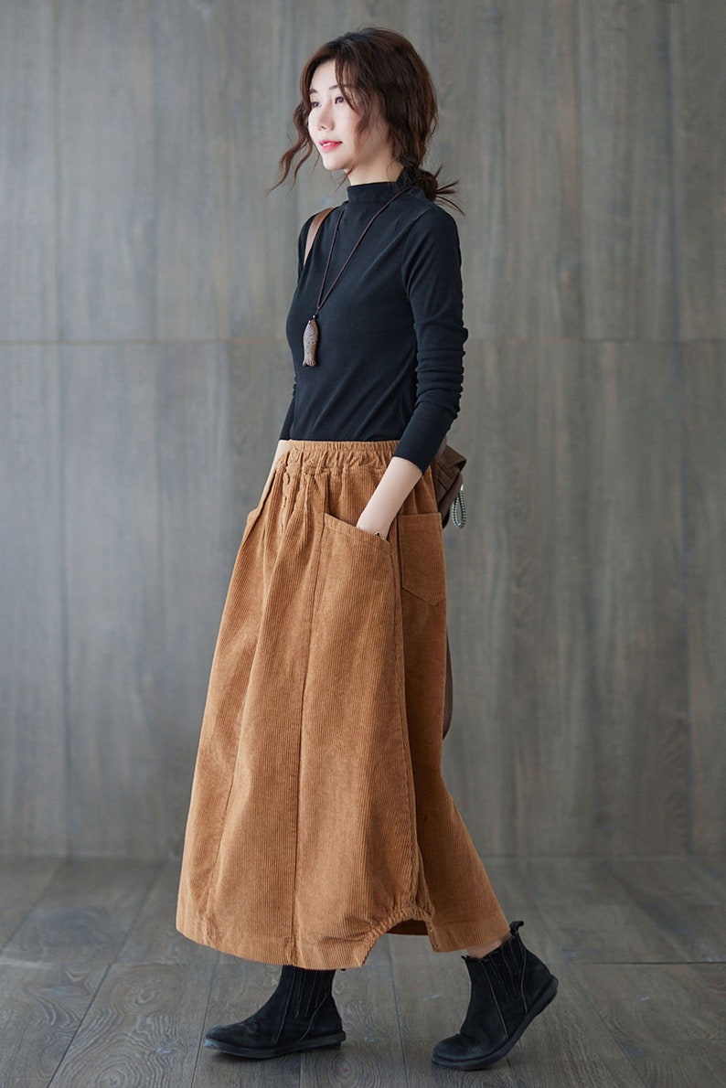 Brown Corduroy Skirt, Maxi Corduroy skirt, Autumn winter Corduroy Skirt, Casual Corduroy Skirt, Plus size Corduroy Skirt with Pockets C1820 image 3