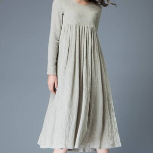 Casual Linen Dress, Light Gray Pleated Dress, Mid-length Long Sleeved Dress, High-Waisted Dress, spring dress wonen, Plus Size Dress C809 image 9