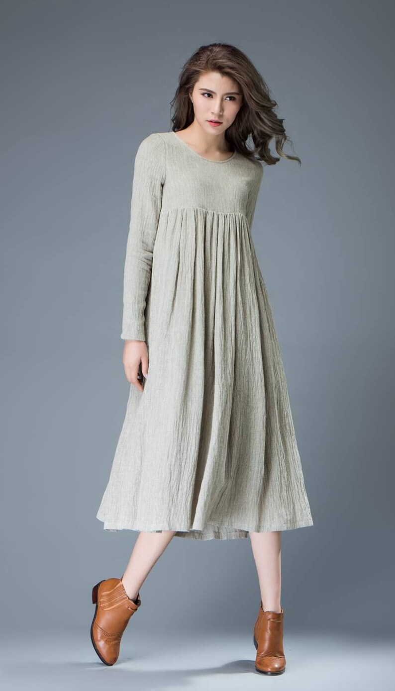 Casual Linen Dress, Light Gray Pleated Dress, Mid-length Long Sleeved Dress, High-Waisted Dress, spring dress wonen, Plus Size Dress C809 image 9