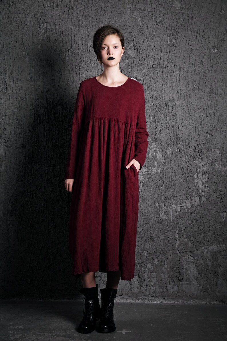 Plus Size Organic Linen Long Maternity Dress, Pleated Loose Dress with Pockets, Causal Maxi Dress Women, Long-Sleeved Dress Clothing C496 image 7