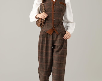Handmade Brown Plaid Wool Suit Set – Vintage Wool Vest and Pants for Women, Retro Autumn Outfit, Ylistyle C5248