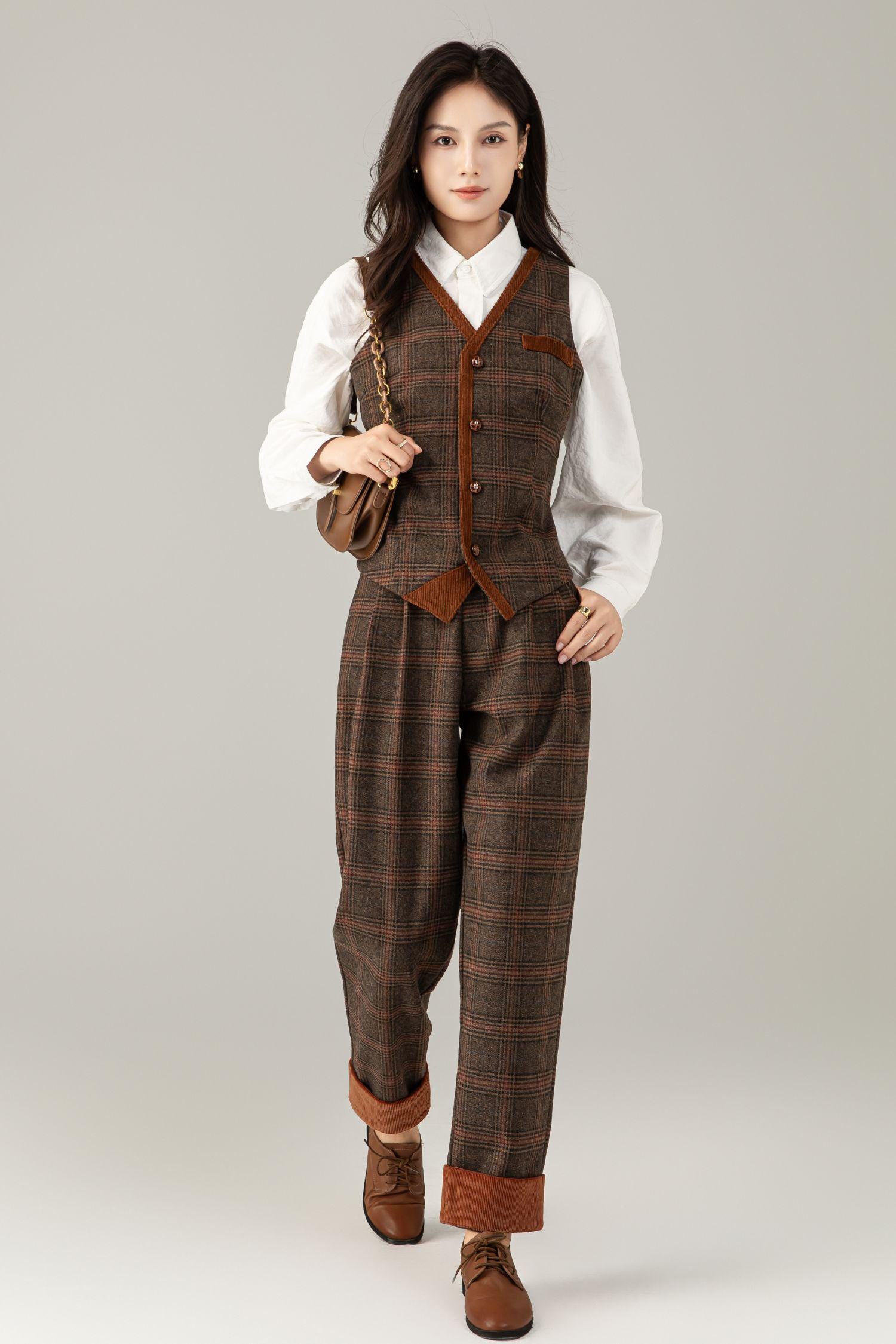 Handmade Brown Plaid Wool Suit Set – Vintage Wool Vest and Pants