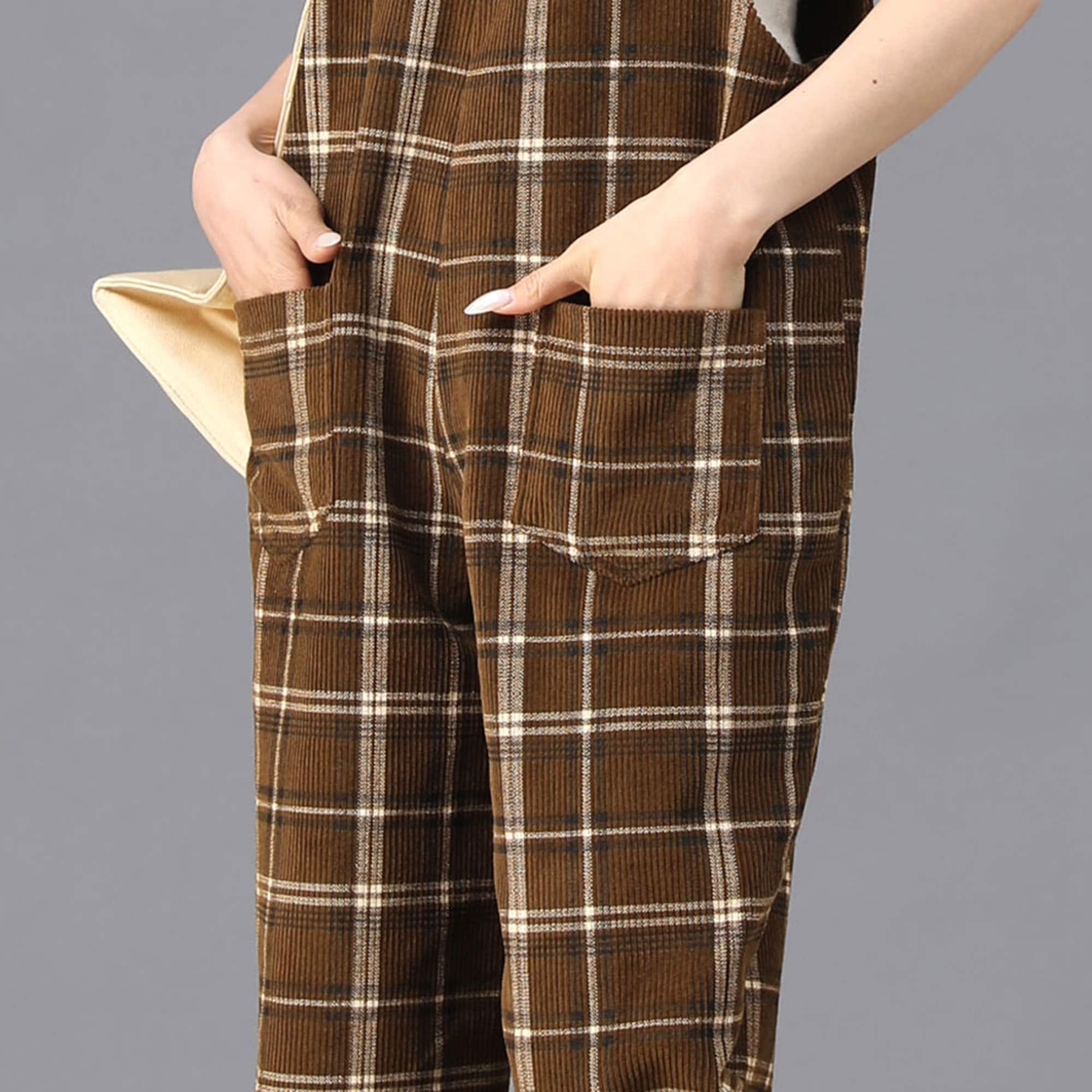 Corduroy Overalls, Brown Plaid Jumpsuits Women, Retro Casual Corduroy Overalls, Brown Plaid Jumpsuits Women, Retro Casual
