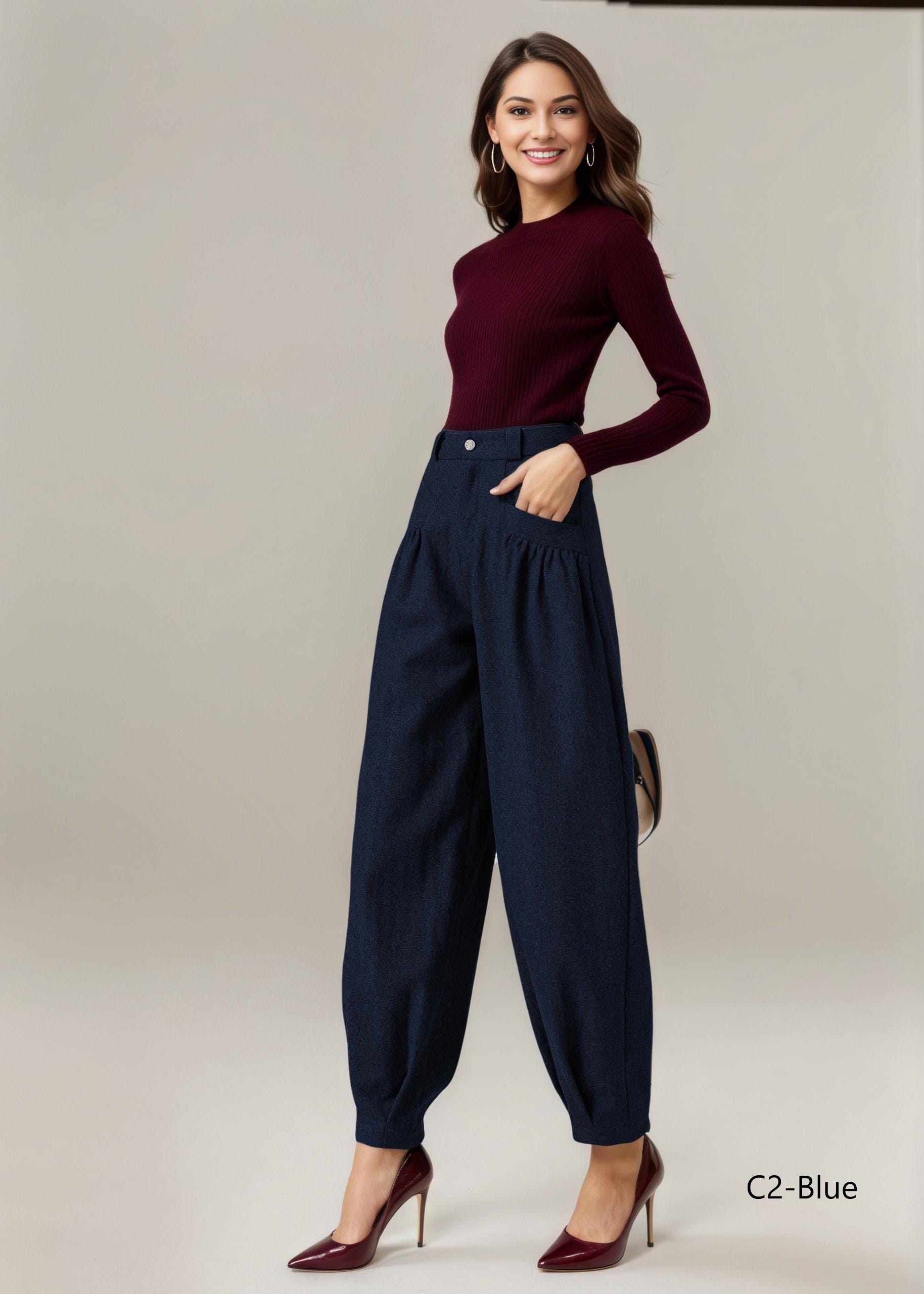 Wool Baggy Pants Women, Tapered Pants, Autumn Winter Pants, Long