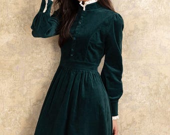 Corduroy Dress, Green Corduroy Midi Dress, A Line Dress, Corduroy Dress  With Lace, Long Sleeve Dress, Spring Autumn Dress, Party Dress C4464 - Etsy