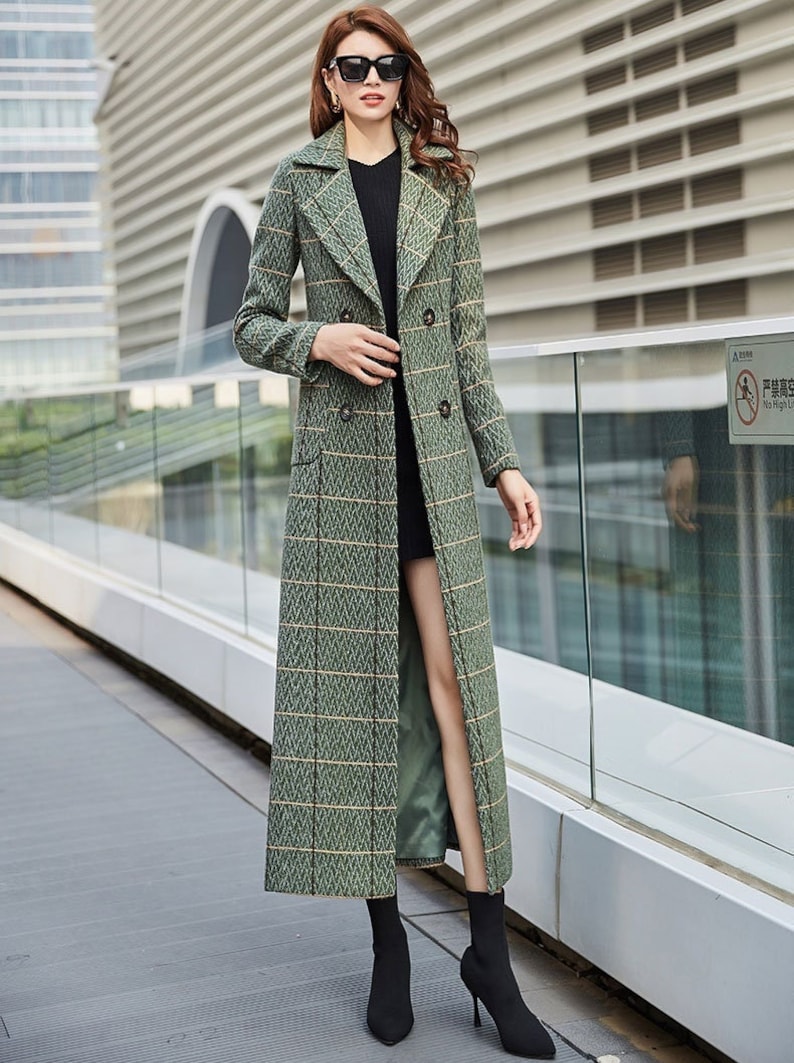 Green Plaid Wool Coat, Long Wool Coat, Winter Coat Women, Belted Wool Coat, Wool trench coat, Warm Wool Coat, Custom Coat, Ylistyle C3031 image 1