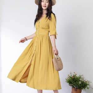 Linen Dress, Midi Linen Dress, Deep V Neck Linen Party Dress, Button Front Dress, Womens Linen Dress, Customized Linen Dress, Ylistyle C3777 Yellow