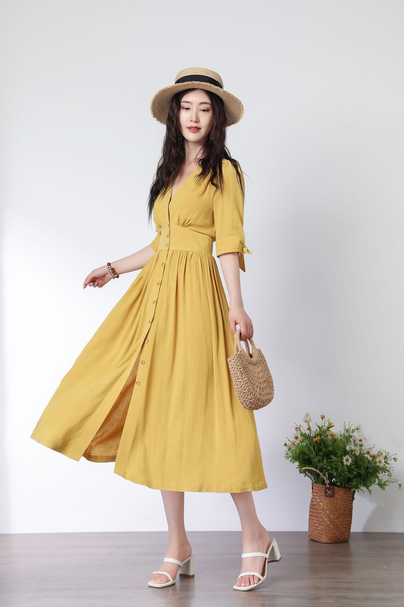 Linen Dress, Midi Linen Dress, Deep V Neck Linen Party Dress, Button Front Dress, Womens Linen Dress, Customized Linen Dress, Ylistyle C3777 Yellow