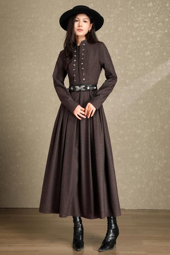 Vintage Style Brown Wool Maxi Dress: Button Front Herringbone, Ylistyle C5230 Vintage Style Brown Wool Maxi Dress: Button Front Herringbone, Ylistyle C5230
