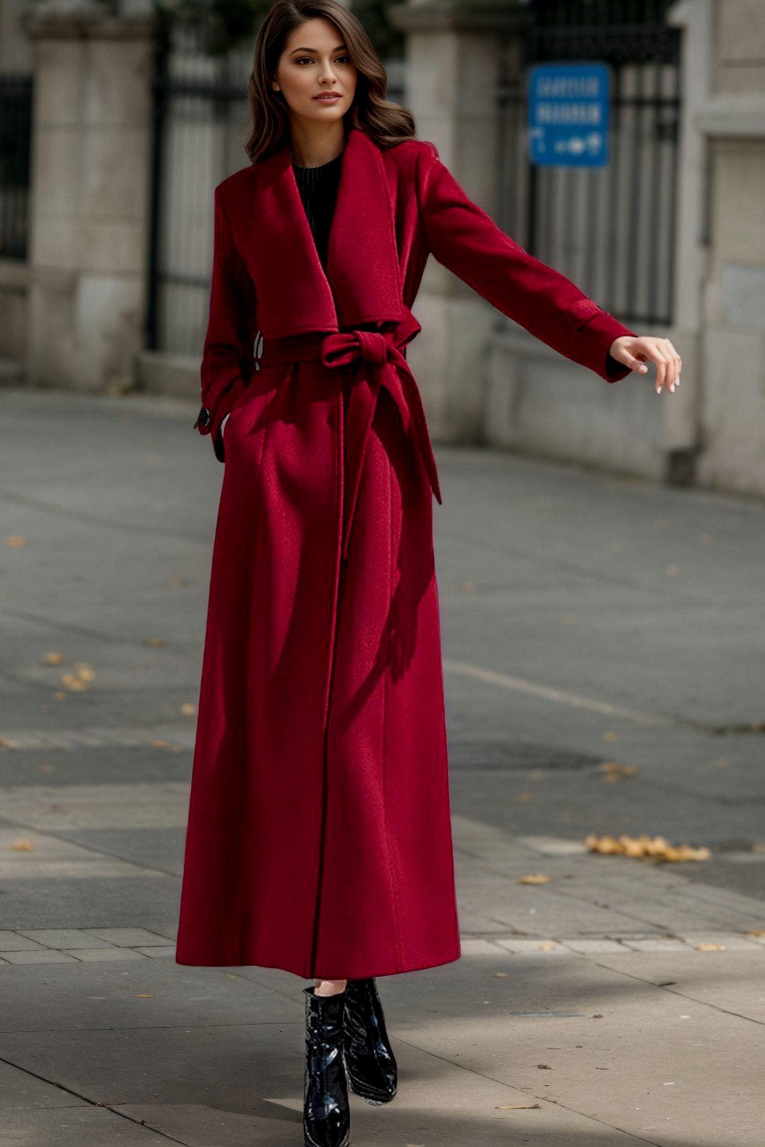 【WONDER WONDER】Use wool single long coat Long Wool Coat, Wool Trench Coat for Women, Wine Red Wool