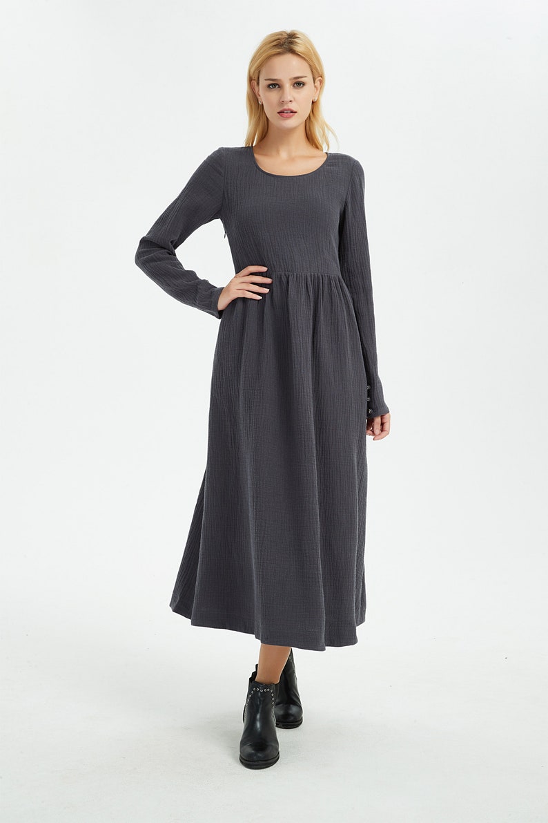 long Linen dress with pockets autumn winter outfit C1368 Casual linen dress Gray dress Maxi Linen dress Linen dress women linen dress