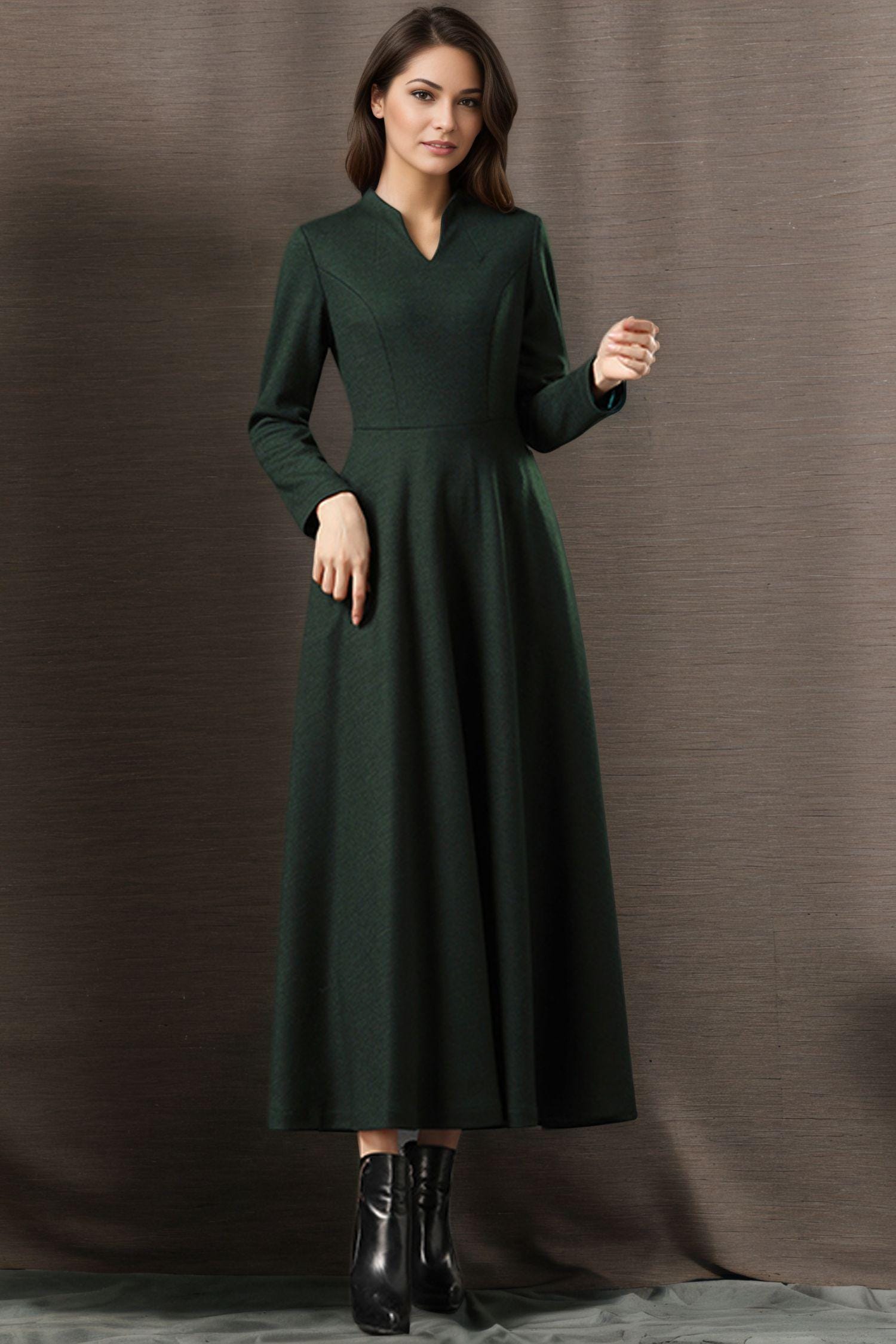 Dark Green Wool A-Line Dress with Pockets