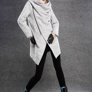 Asymmetrical Wool Coat, winter coat women, Gray Wool Boucle Coat with Front Zipper and Large Cowl Neck Collar, Autumn Winter Outerwear C134 image 3
