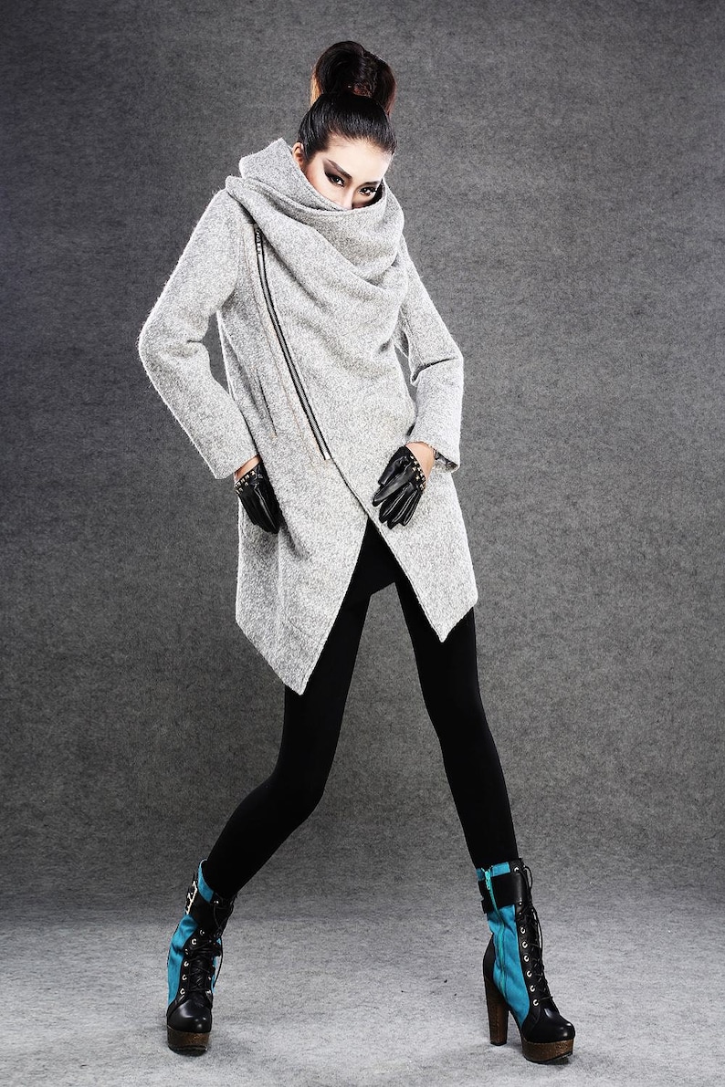 Asymmetrical Wool Coat, winter coat women, Gray Wool Boucle Coat with Front Zipper and Large Cowl Neck Collar, Autumn Winter Outerwear C134 image 3