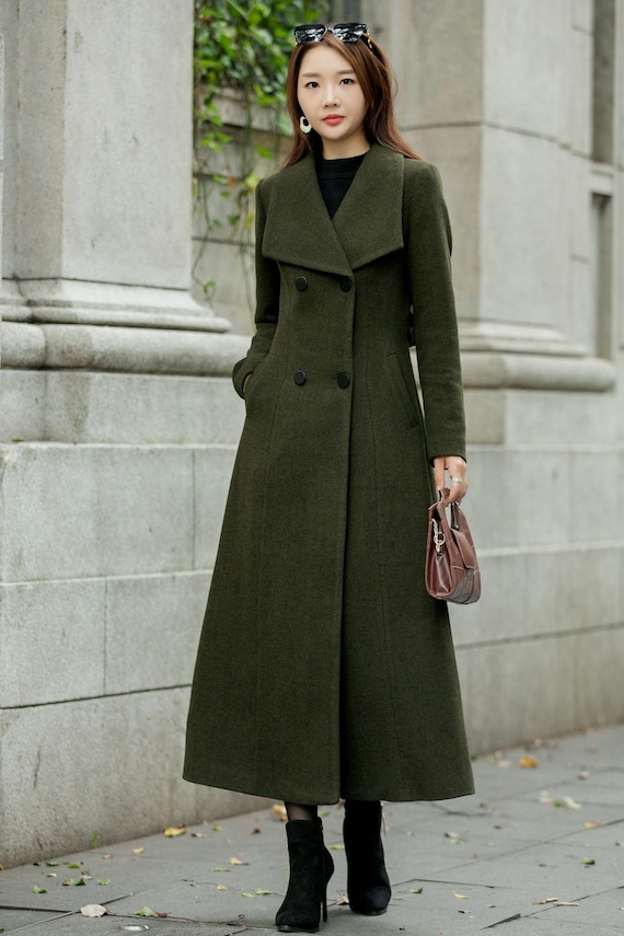 Military Green Wool Coat, A Line Coat, Long Wool Coat, Womens Wool