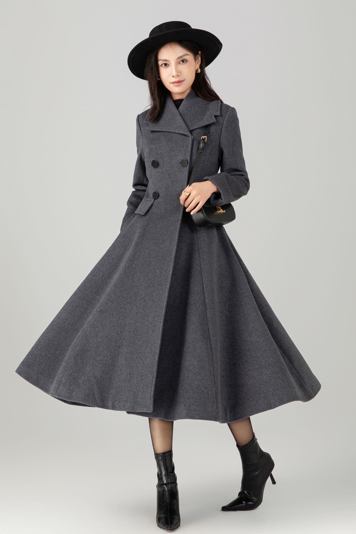 Gray Wool Swing Coat, Fit and Flare Trench Coat, Ylistyle C5270