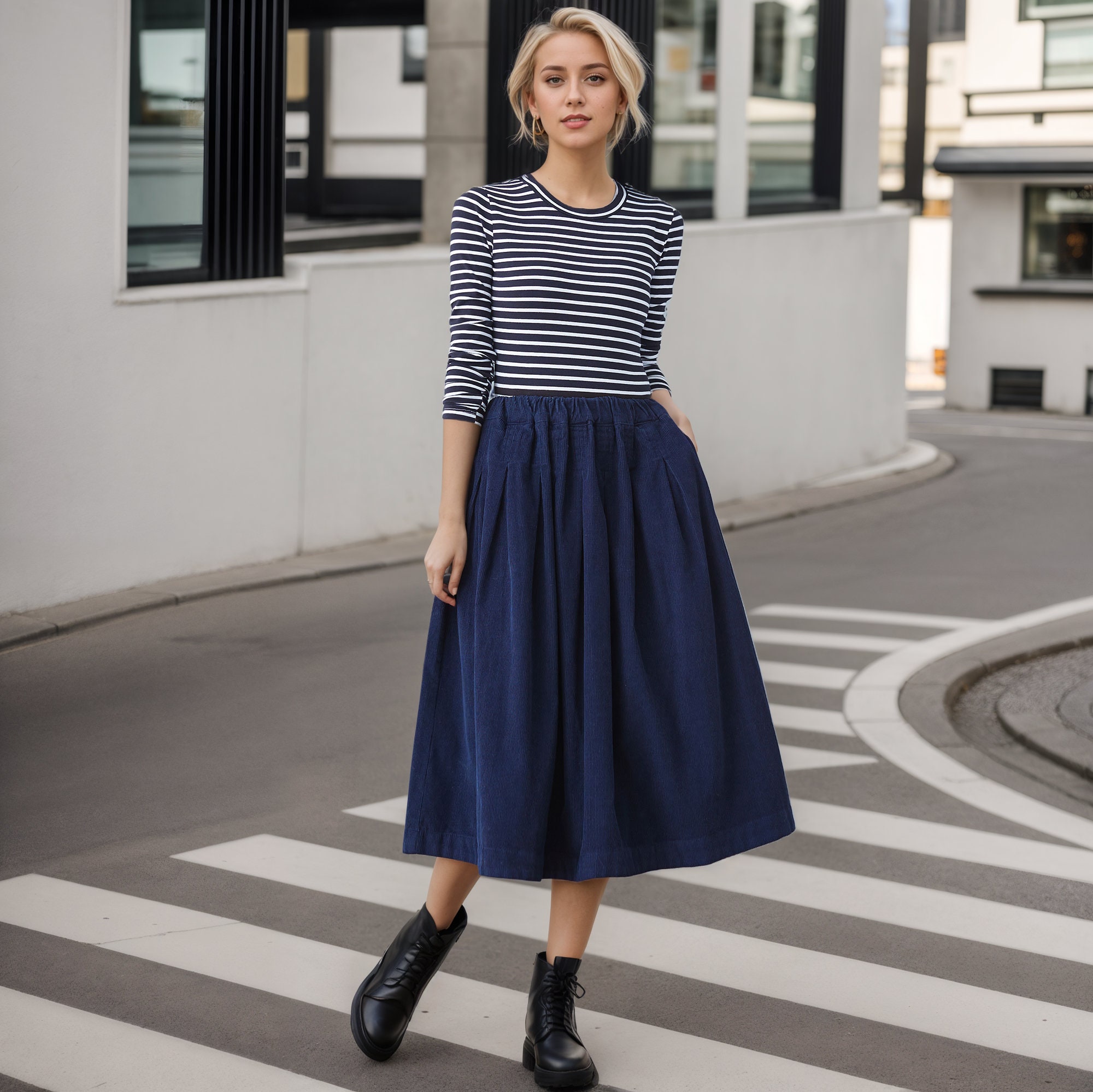 Blue Corduroy Skirt, Midi Skirt, High Elastic Waist Skirt