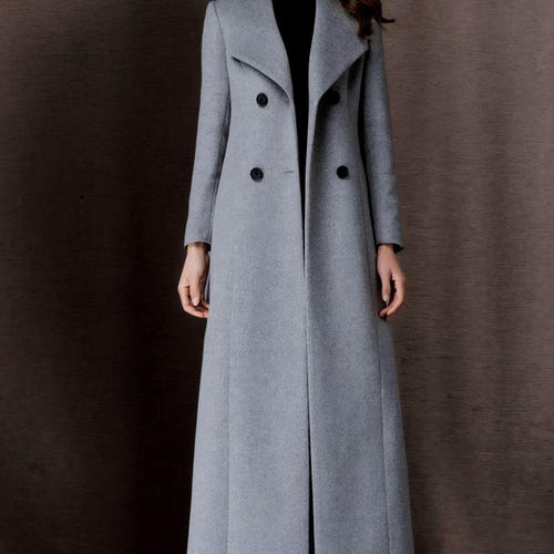 Long Wool Coat Women, Gray Wool Trench Coat, Double Breasted Wool