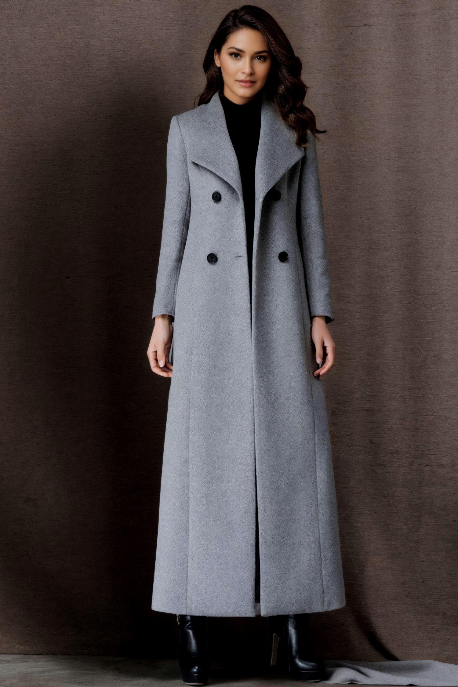 ジャケット・アウター DOUBLE WOOL LONG COAT - GREY Long Wool Coat Women, Gray Wool Trench Coat, Double Breasted Wool
