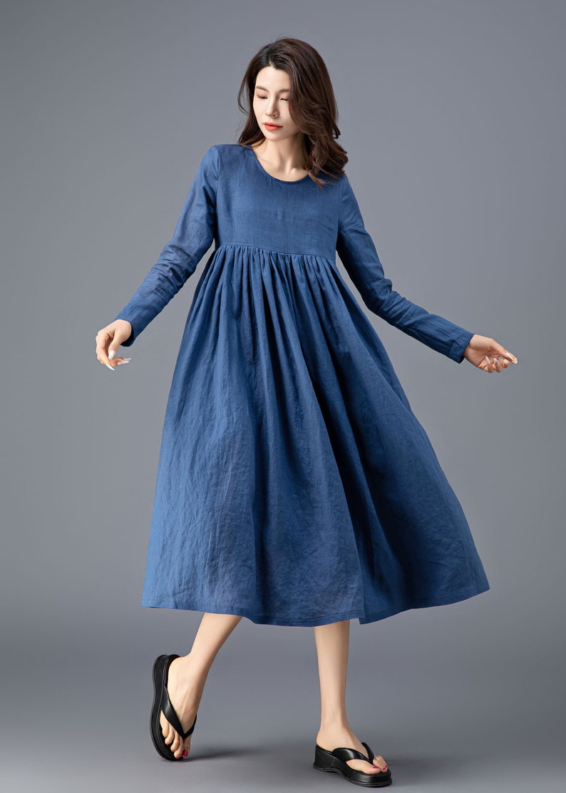Maxi Linen dress Comfortable Linen Loose-Fitting Long Sleeved Everyday Marl Grey Midi-Length Woman's Dress C808 3-blue