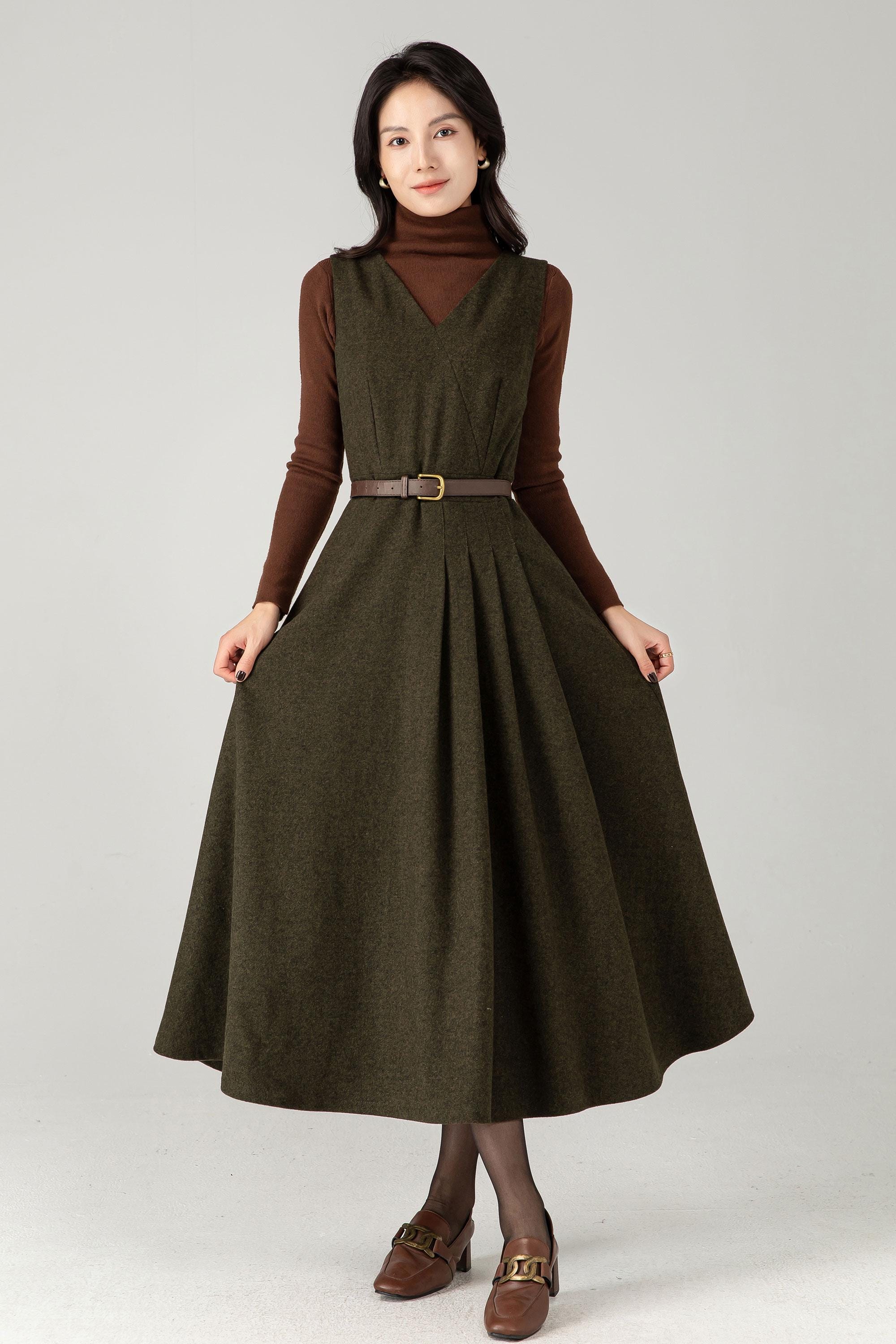 Handmade Wool Blend Pinafore Dress - Army Green A-line Midi Dress
