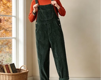 Green Corduroy Sleeveless Overalls with Tapered Ankle-Length Pants, Ylistyle C5623
