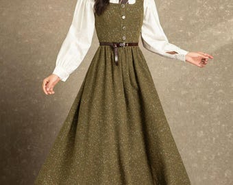 Green Wool Vintage inspired A-Line Midi Pinafore Dress with Square Neck, Ylistyle, Custom C5641