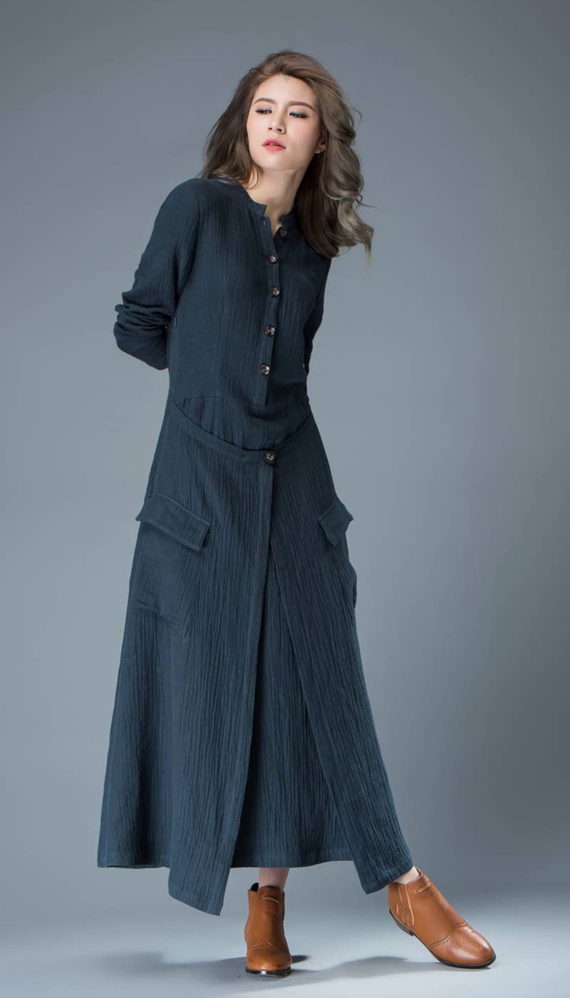 Navy Blue Linen Dress Linen Wrap dress Button up dress | Etsy