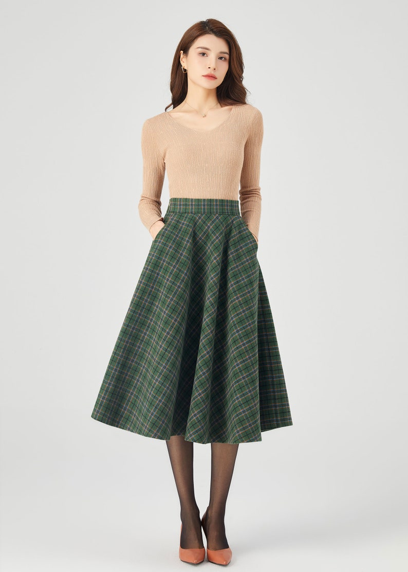 Plaid Wool Skirt, Midi Wool Skirt, A line Skirt, Winter Skirt Women, Swing Skirt, Skirt with Pockets, Handmade skirt, Ylistyle C3686 image 2