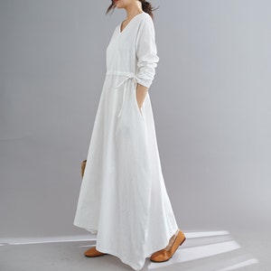 White Linen Maxi Dress, Casual Long Sleeves Maternity Dress, womens dress with drawstring wasit, Plus Size dress, Oversized Dress C1836 image 4