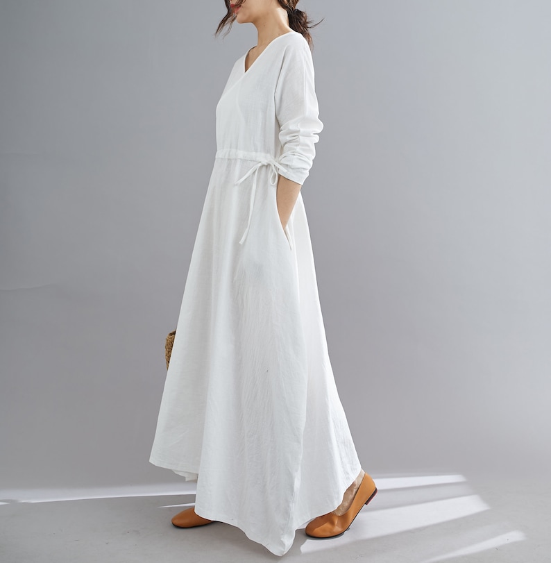 White Linen Maxi Dress, Casual Long Sleeves Maternity Dress, womens dress with drawstring wasit, Plus Size dress, Oversized Dress C1836 image 4