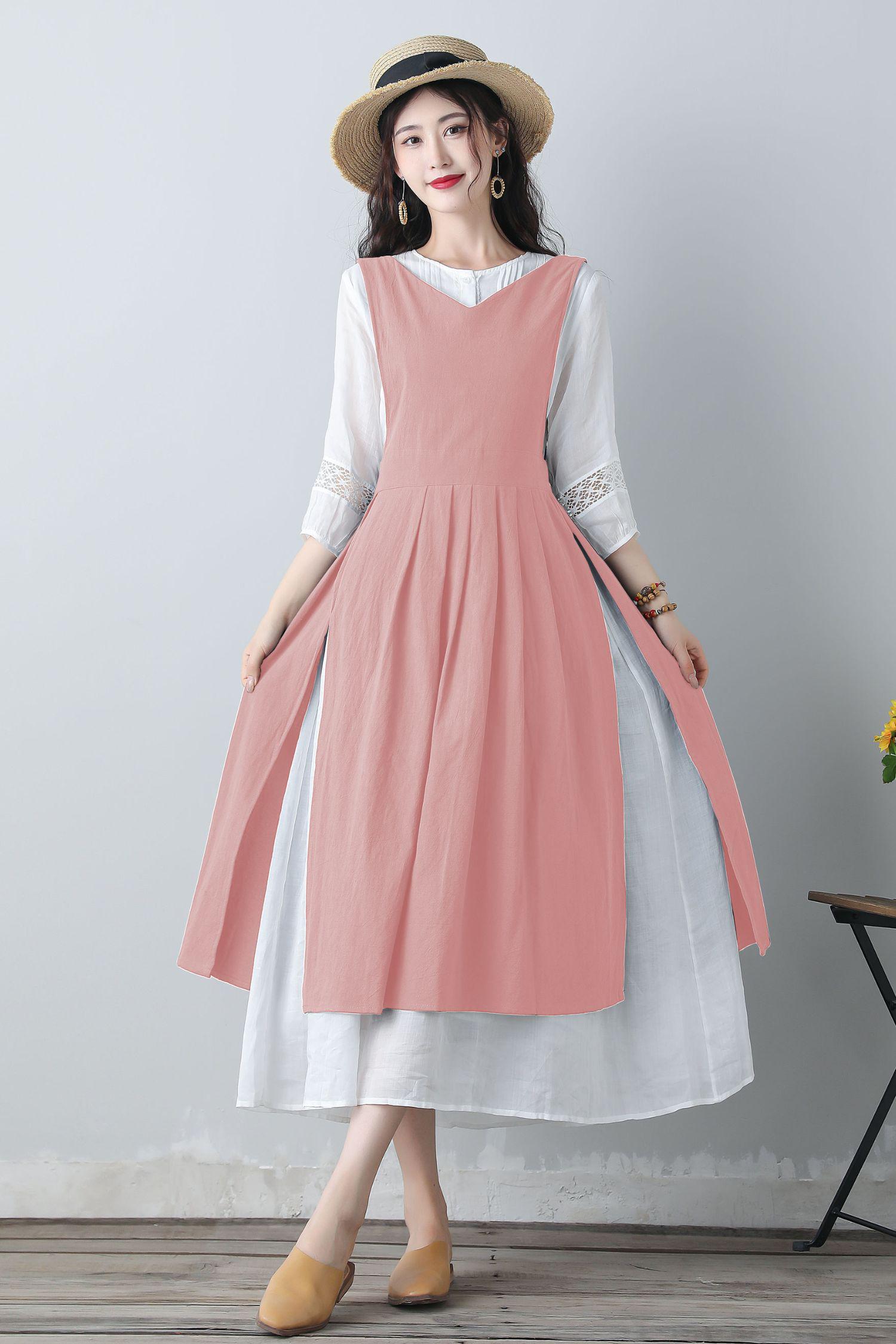 Yellow Linen Pinafore Dress: Sleeveless Pleated Midi Summer Dress