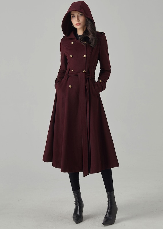 Double Breasted Wool Coat, Hooded Coat, Long Wool Coat Women