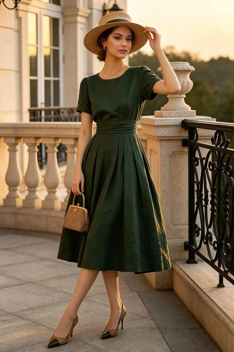May include: A dark green midi dress with short sleeves, a round neckline, and a pleated skirt. The dress features a wide, gathered waistband. A tan straw hat, a small tan handbag with a gold frame, and tan pumps with black toes complete the look.