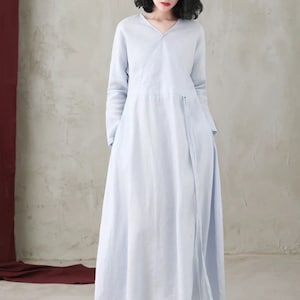 White Linen Maxi Dress, Casual Long Sleeves Maternity Dress, womens dress with drawstring wasit, Plus Size dress, Oversized Dress C1836 light blue