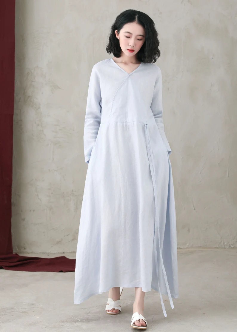 White Linen Maxi Dress, Casual Long Sleeves Maternity Dress, womens dress with drawstring wasit, Plus Size dress, Oversized Dress C1836 light blue