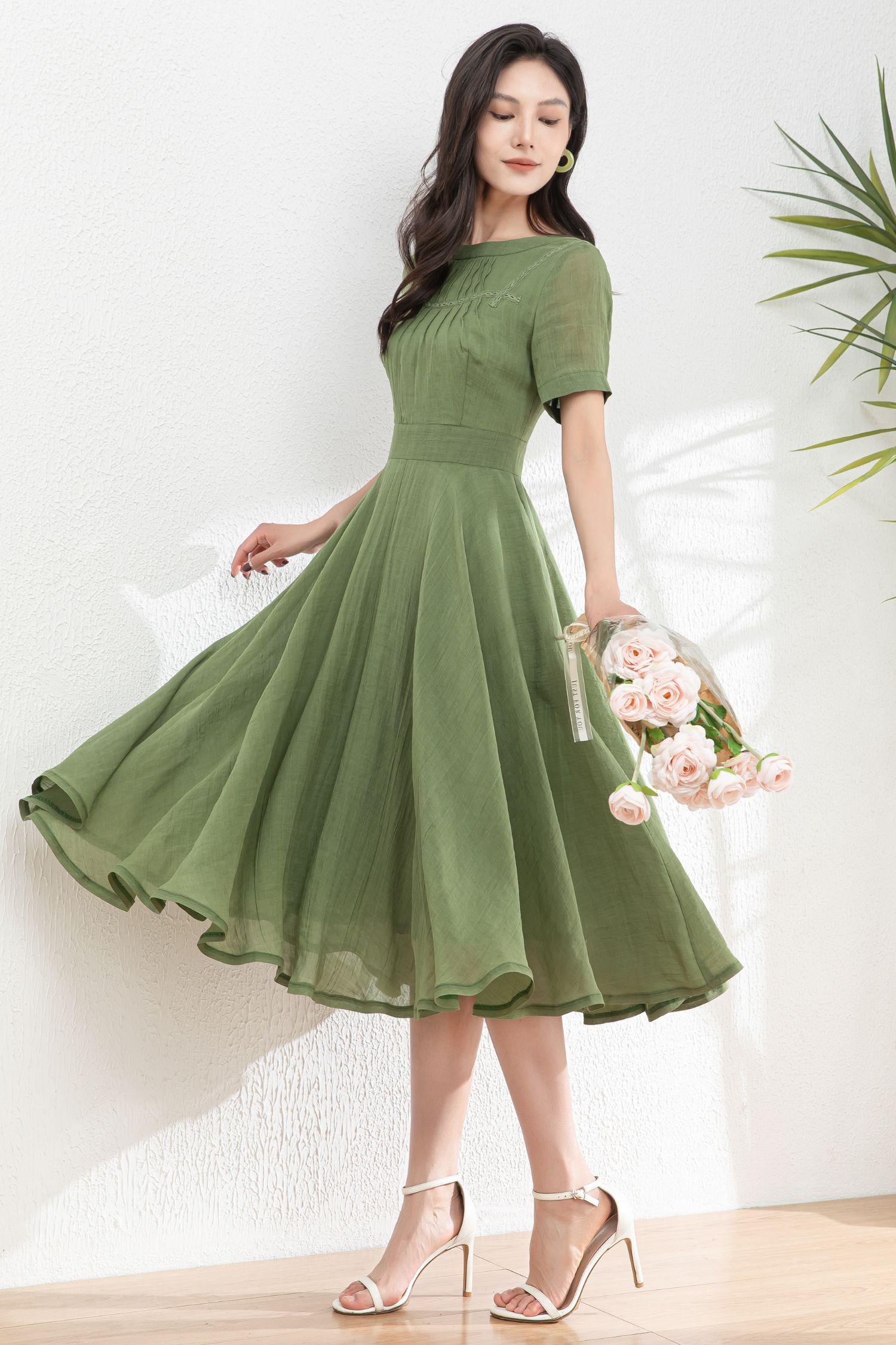 green emerald velvet dress Wedding-Guest Midi Party Dress with Short Sleeves Hunter Green / Large