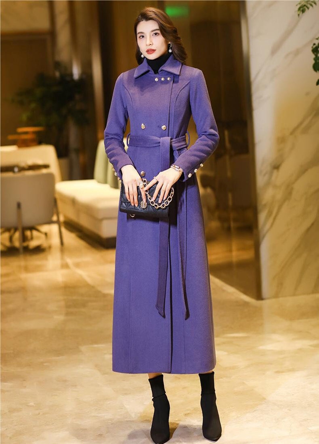 Long Wool Coat, Purple Wool Coat, Winter Wool Coat Women, Trench Wool