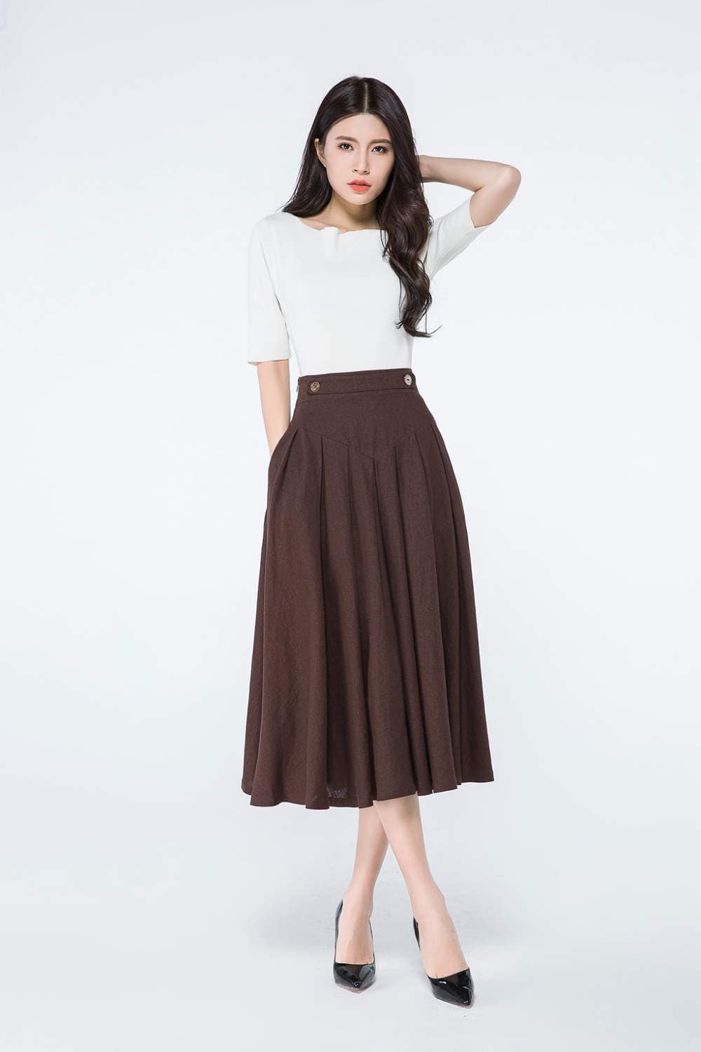 Brown pleated linen midi skirt a line skirt womens circle Etsy
