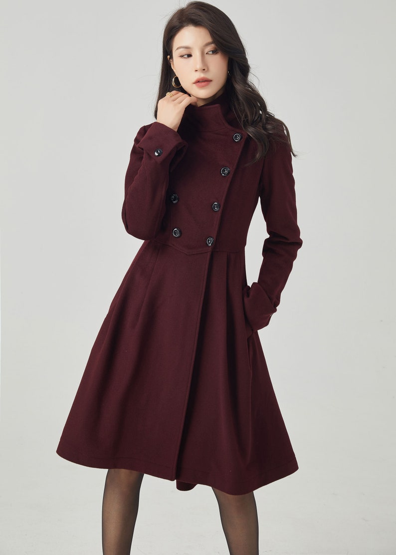 Asymmetrical Military wool Coat, Winter coat women, Fit-and-Flare Wool Coat with Cinched Waist, womens coat with Large Turn-Back Cuffs C2592 image 7