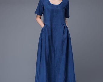 Royalblaues Kleid, langes Leinenkleid, elegantes Kleid, Kordelzug Taillenkleid, Damenkleider, Kleid mit Taschen, Sommerkleid C884