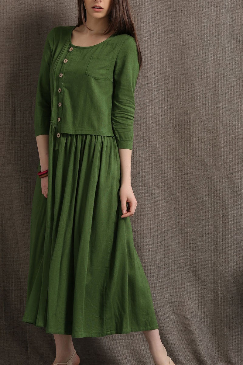 Moxidress Asymmetric Shoulder Back Slit Cotton Linen Maxi Dress