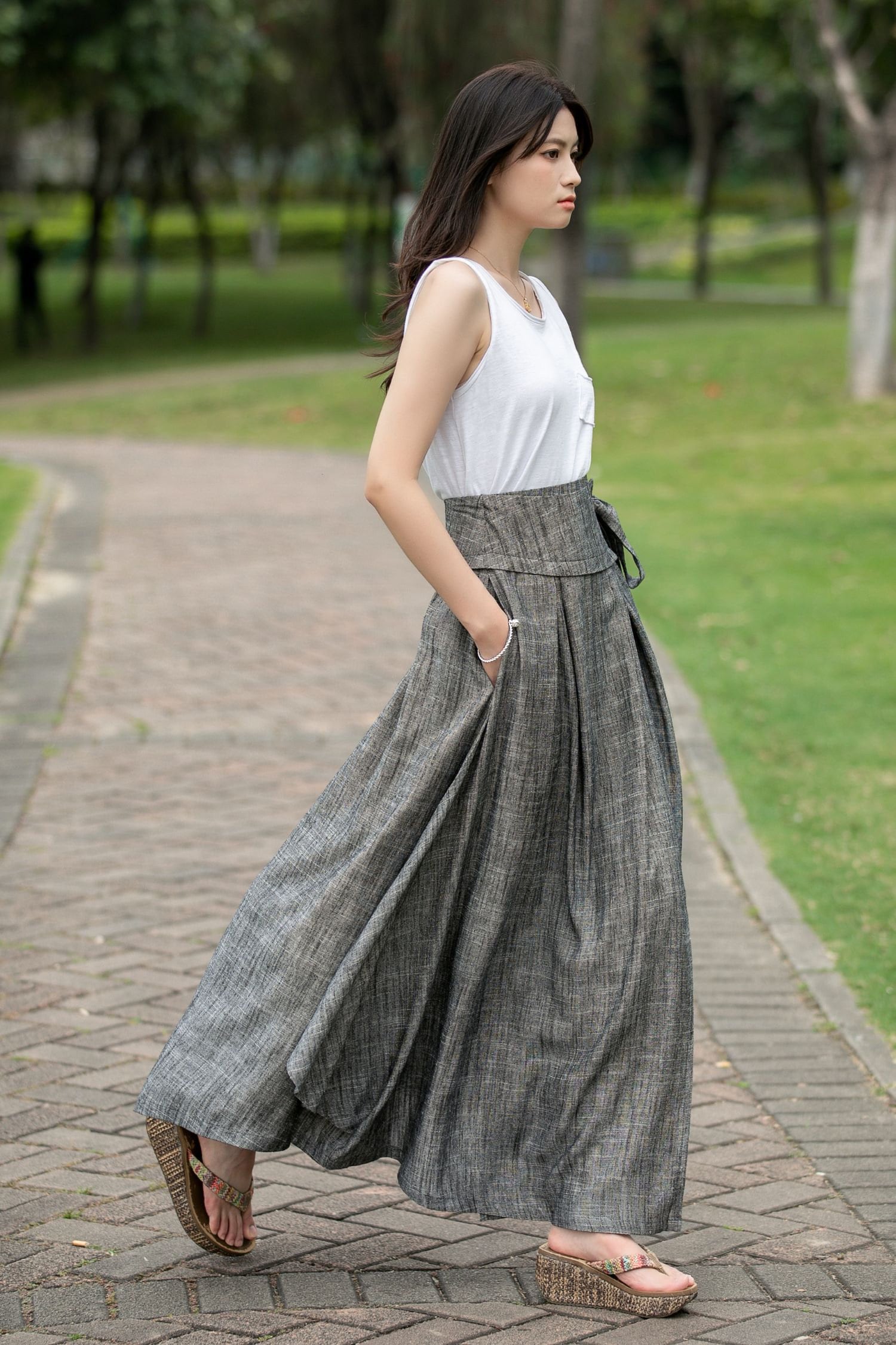Linen Wrap Skirt, Grey Linen Maxi Skirt, Swing Linen Skirt
