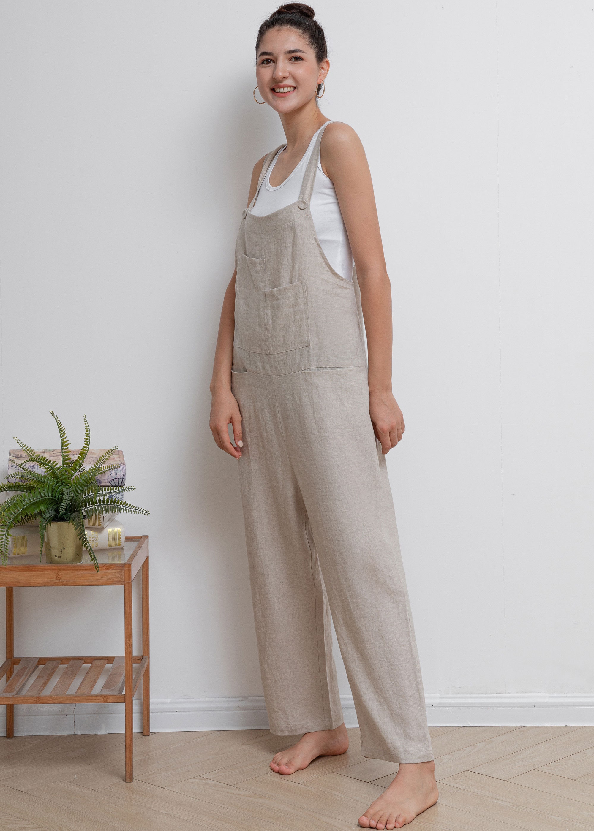 Linen Jumpsuit Women, Casual Linen Overalls, Wide Leg Linen