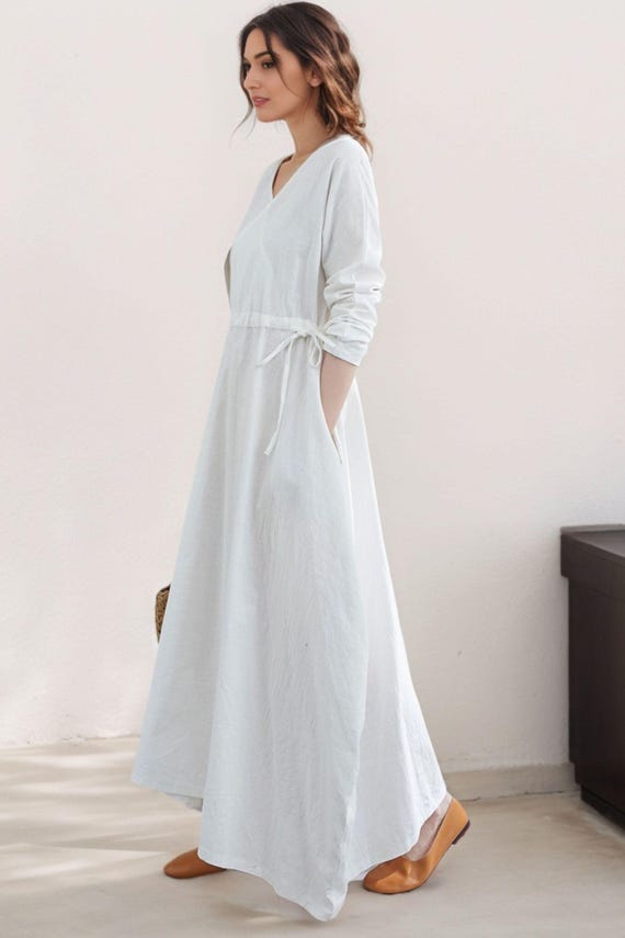 White Linen Maxi Dress, Casual Maternity Dress, V Neck Dress, Womens Dress  With Drawstring Wasit, Plus Size Dress, Oversized Dress C1836 - Etsy Israel