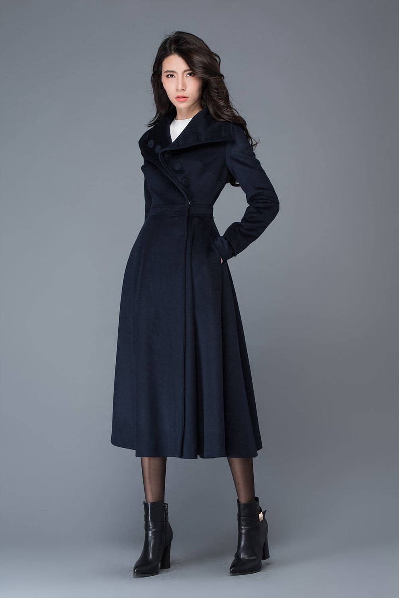 Midi wool coat, wool coat, womens winter coats, dress coat, navy blue coat, flare coat, warm coat, swing coat, made to order C1021 image 9