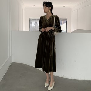 Dark Green Velvet Wrap V Neckline Dress Deep V Back main image 0