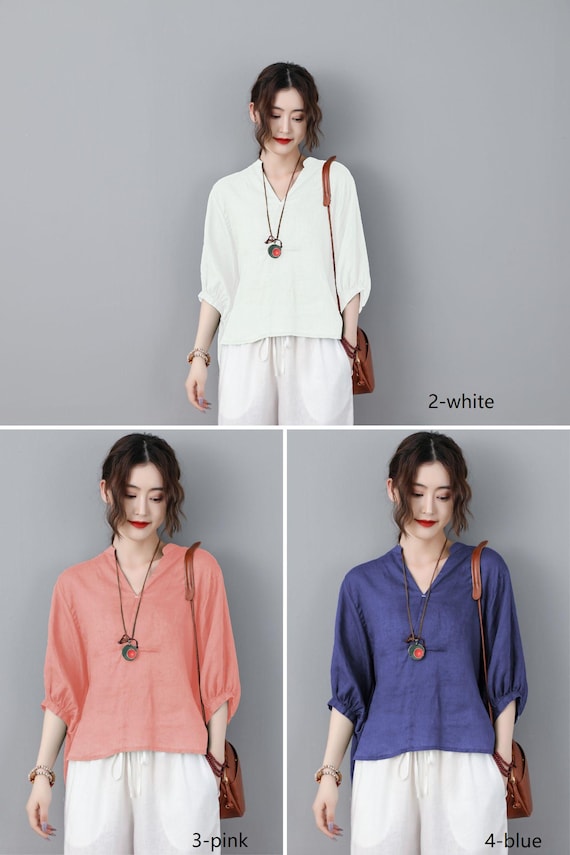 Zanzea Womens Casual Solid Color Blouse, 3/4 Sleeve Button-Down Linen Tunic Top For Summer:Apparel