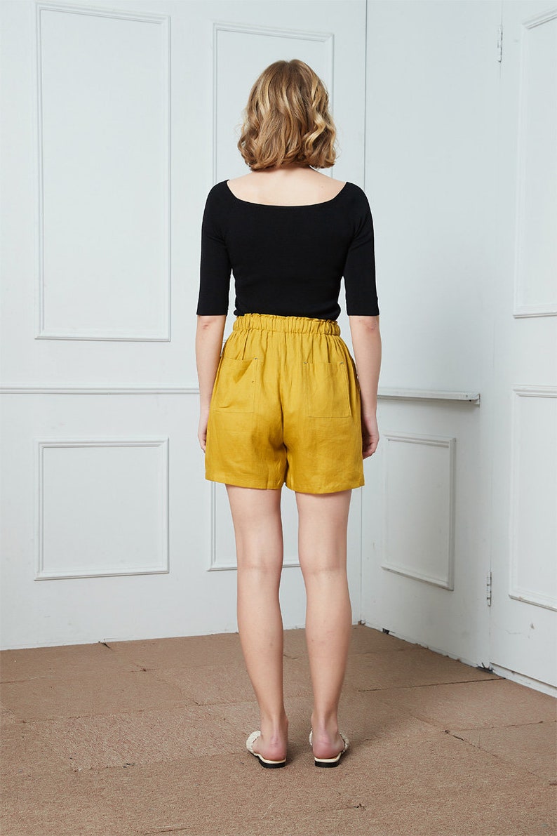 Summer Womens Shorts pockets shorts C1394 linen Casual Shorts yellow shorts Linen Drawstring Shorts Elastic Waist Shorts Linen shorts