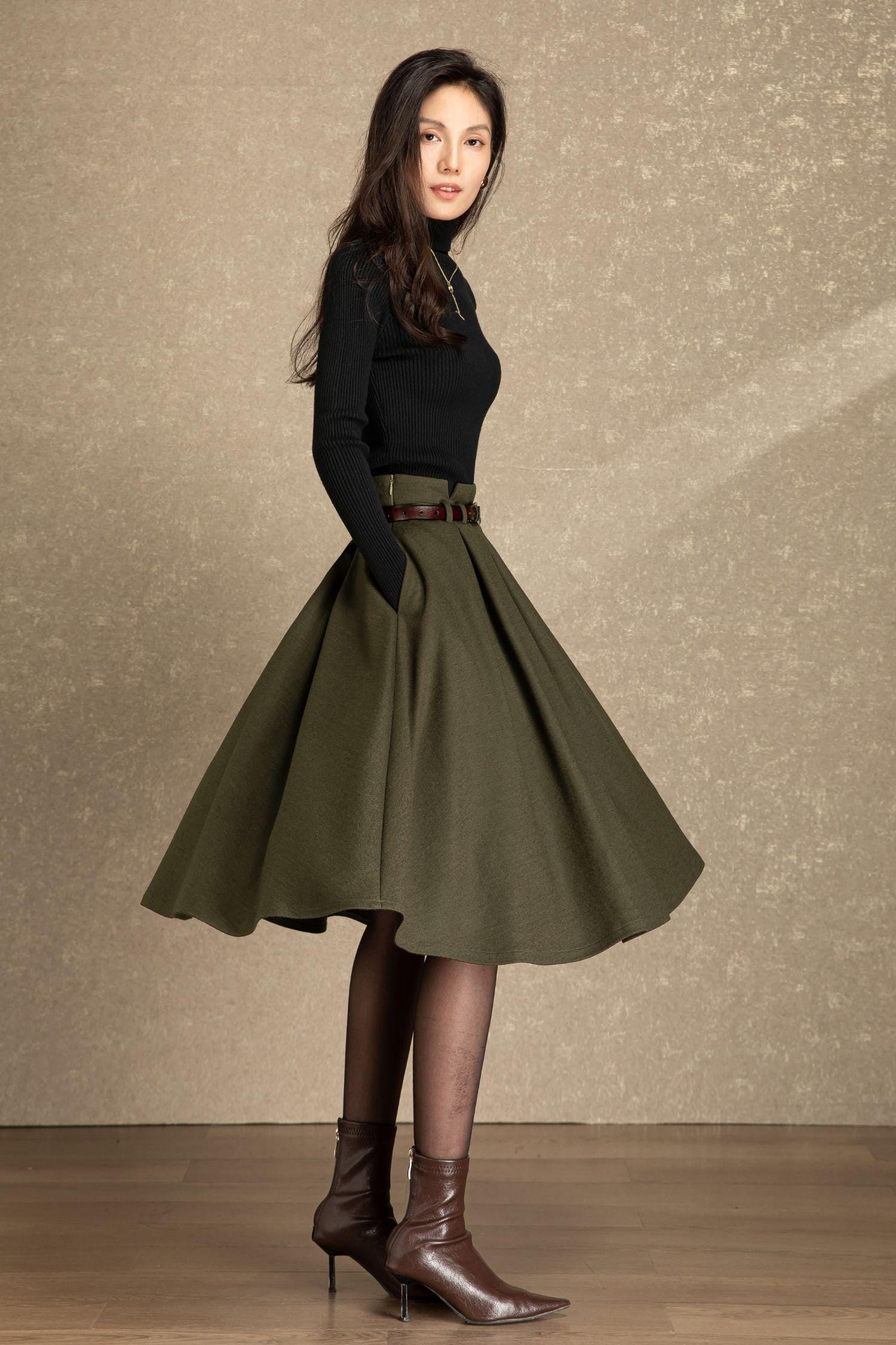 スカート elu Peony wool skirt- Charcoal/ Ivory Gray Midi Wool Skirt, Winter Swing Skirt Women, Long Wool